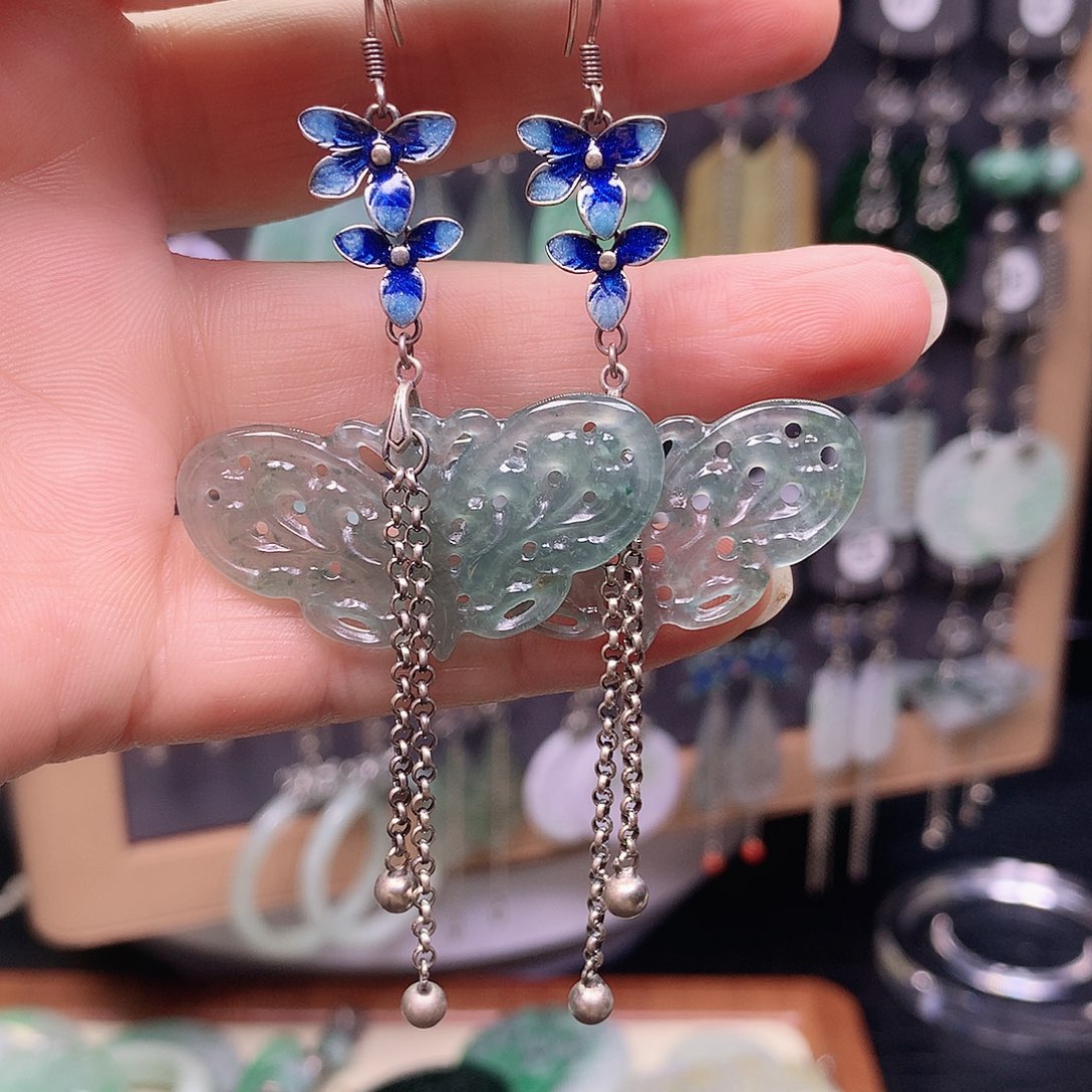 翡翠银S925镶嵌耳饰浅**心