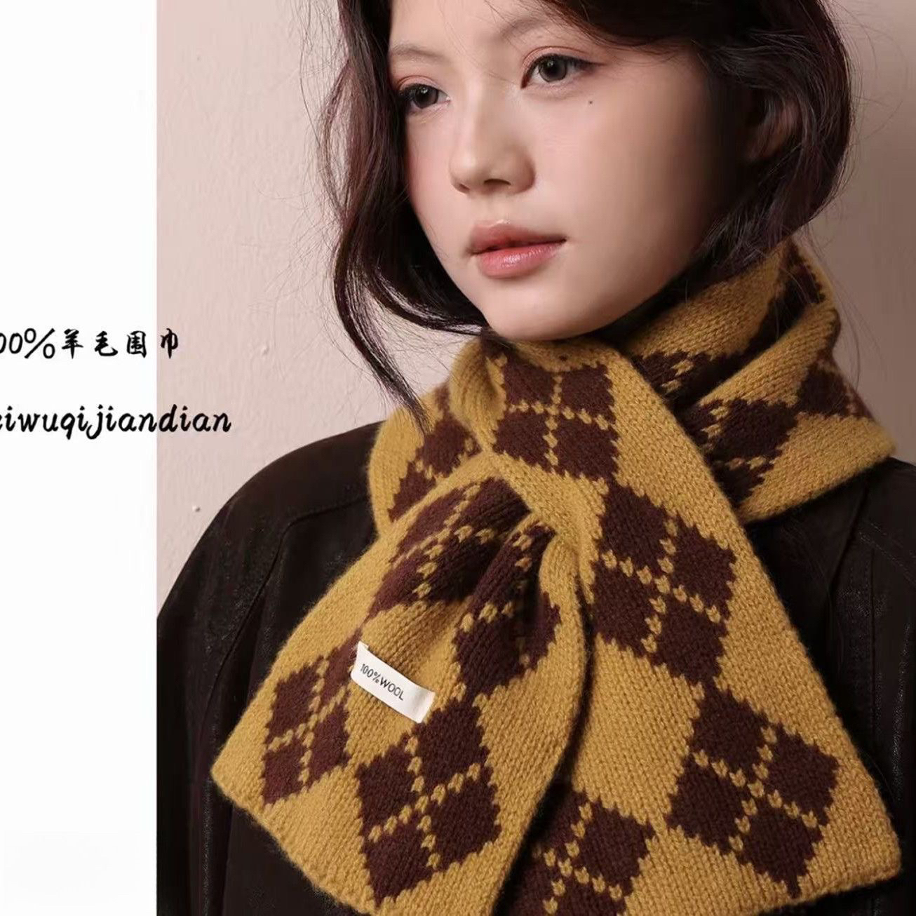 韩系2025新款100%羊毛围巾女秋冬高级感百搭格子针织短款护颈围脖