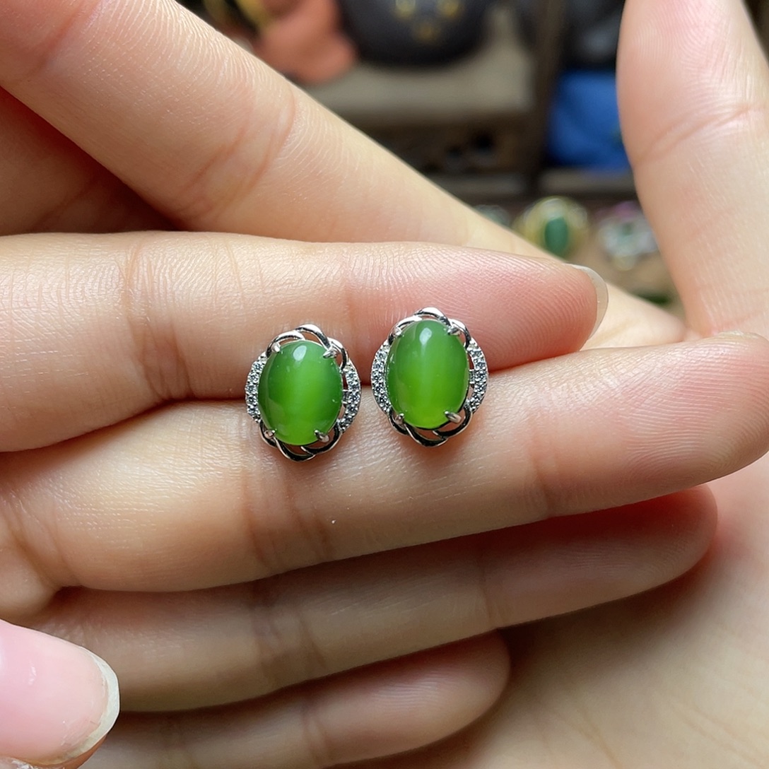 和田玉（碧玉）银S925镶嵌吊坠(赠链)耳钉