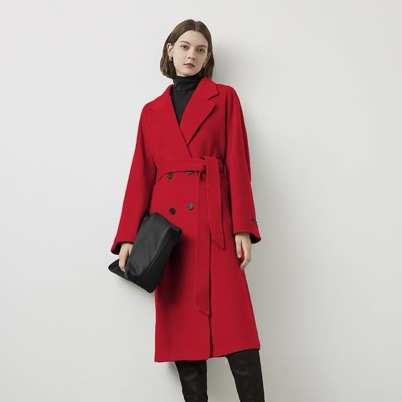 朗姿纯羊毛法式收腰经典中长款毛呢外套大衣女西装领热力感