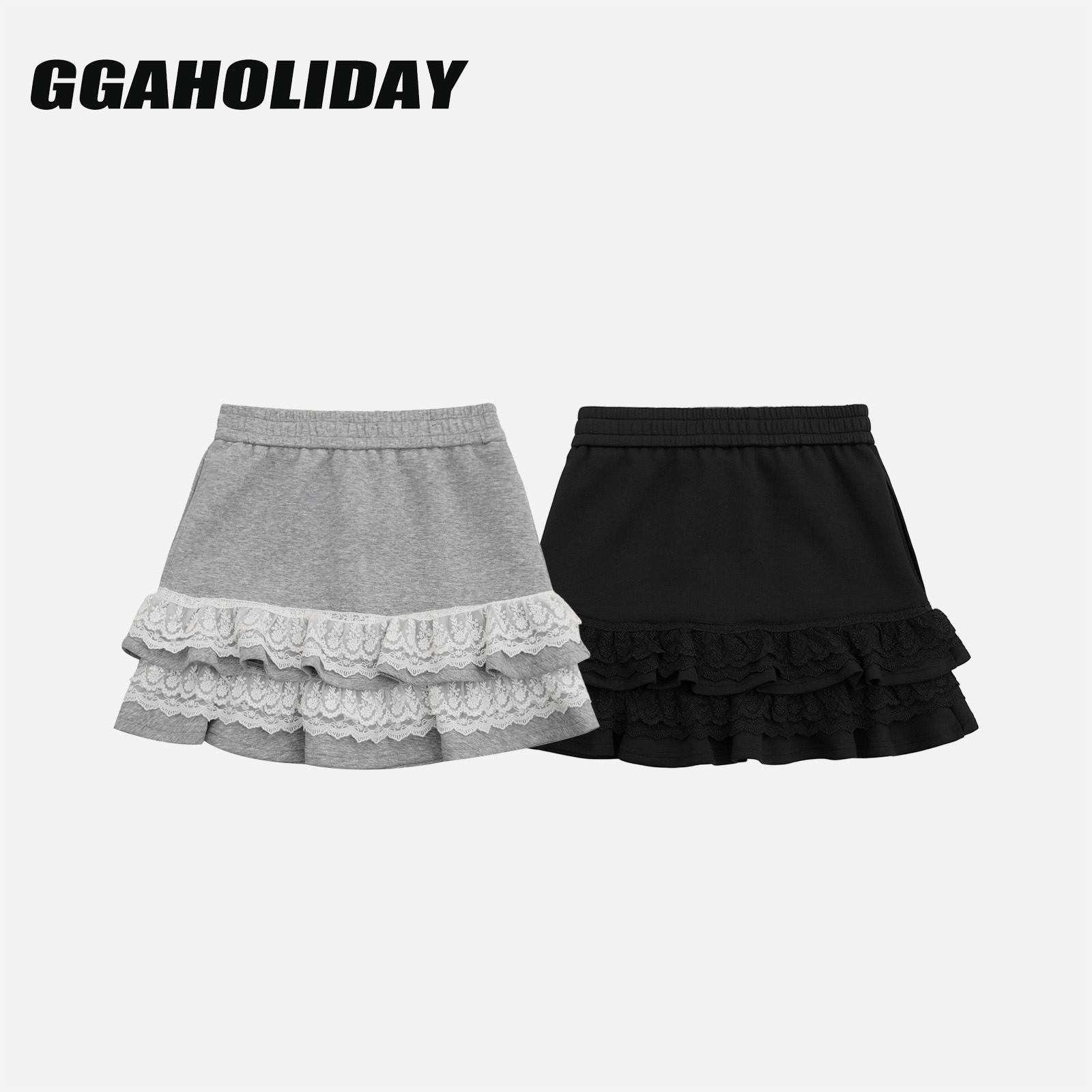GGAHOLIDAY时尚休闲百搭蕾丝拼接荷叶边洋气显瘦高腰短裤裙153067