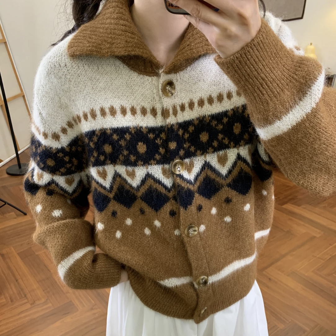 【仅支持48小时内退换货】在韩～翻领复古菱形提花针织开衫