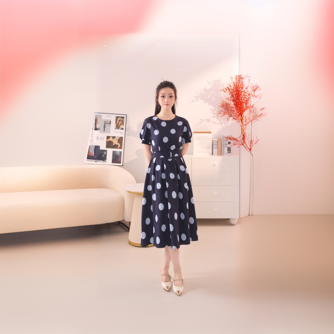 H158【朗】夏新款复古波点法式收腰气质a字连衣裙子女