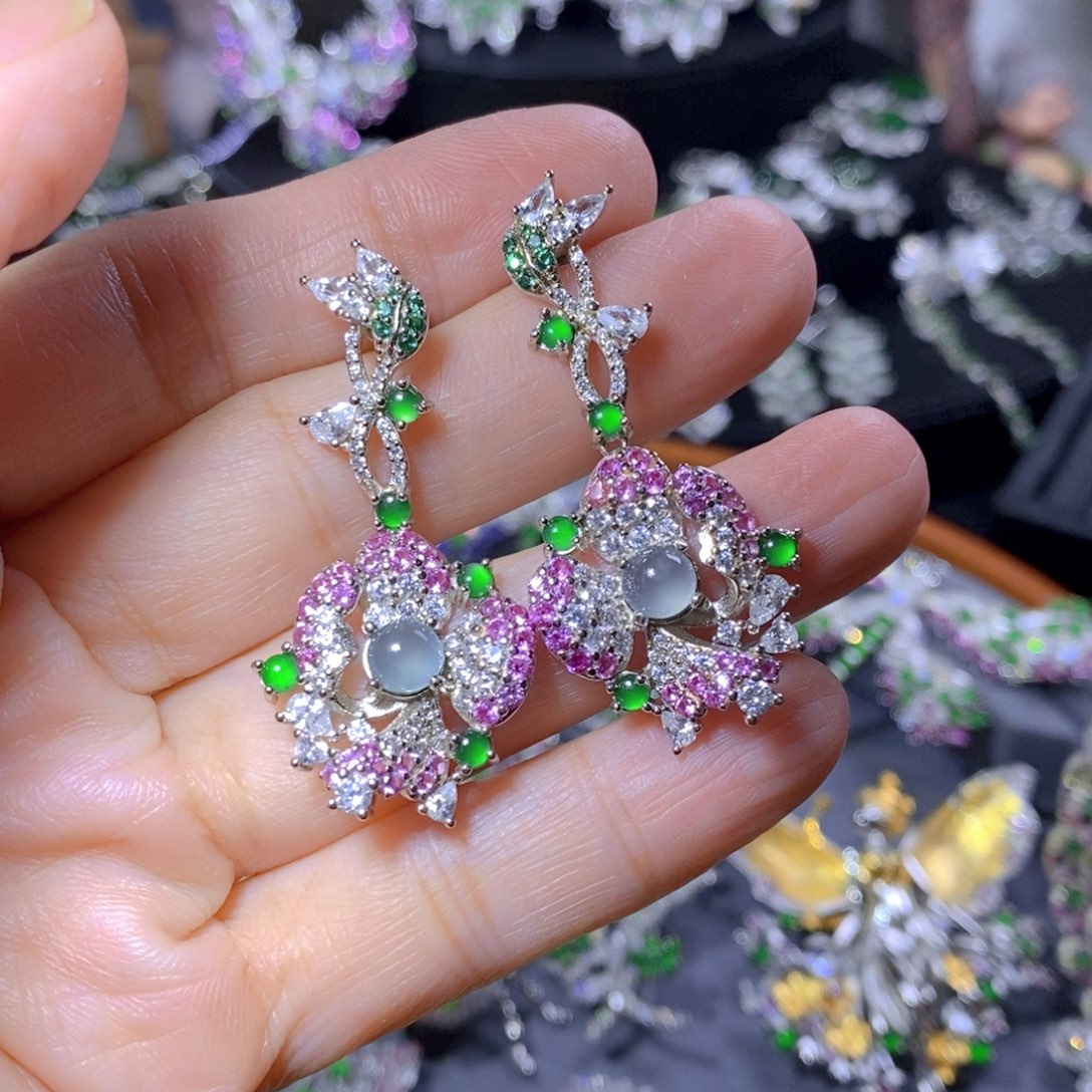 翡翠耳饰银S925镶嵌天然翡翠