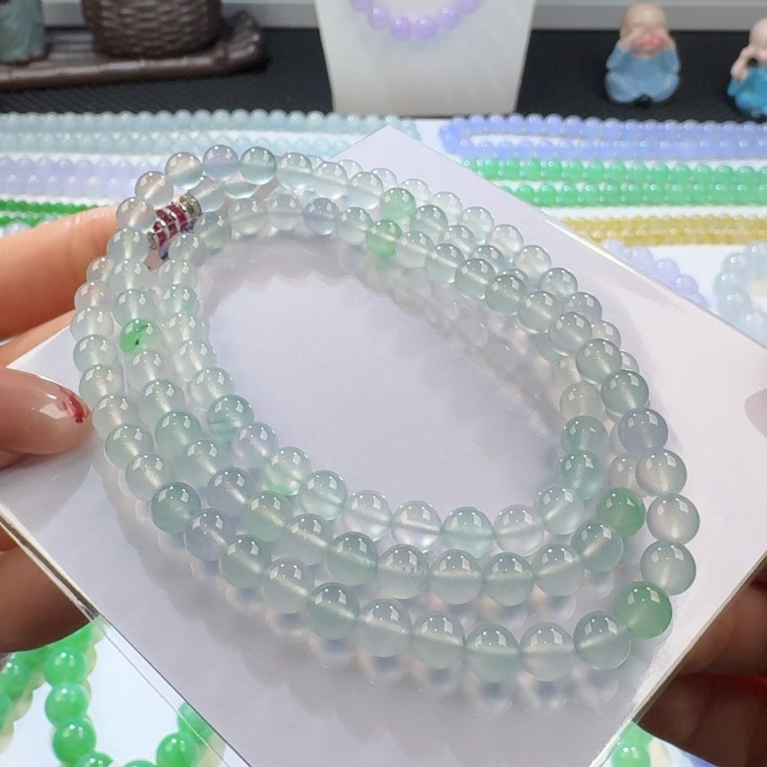 翡翠手链未镶嵌高冰玻幻彩多宝长串6mm