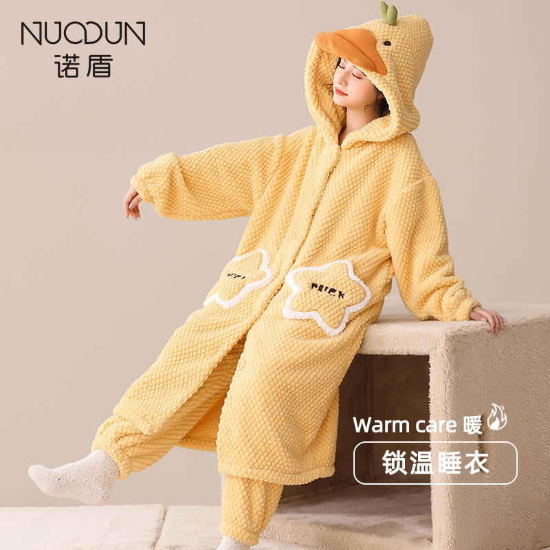 600-650珊瑚绒加绒加厚连帽长款睡袍秋冬男女通用家居服