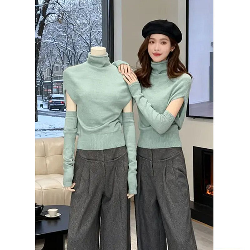  蝙蝠袖收腰圆领针织衫女秋冬新款带袖套上衣