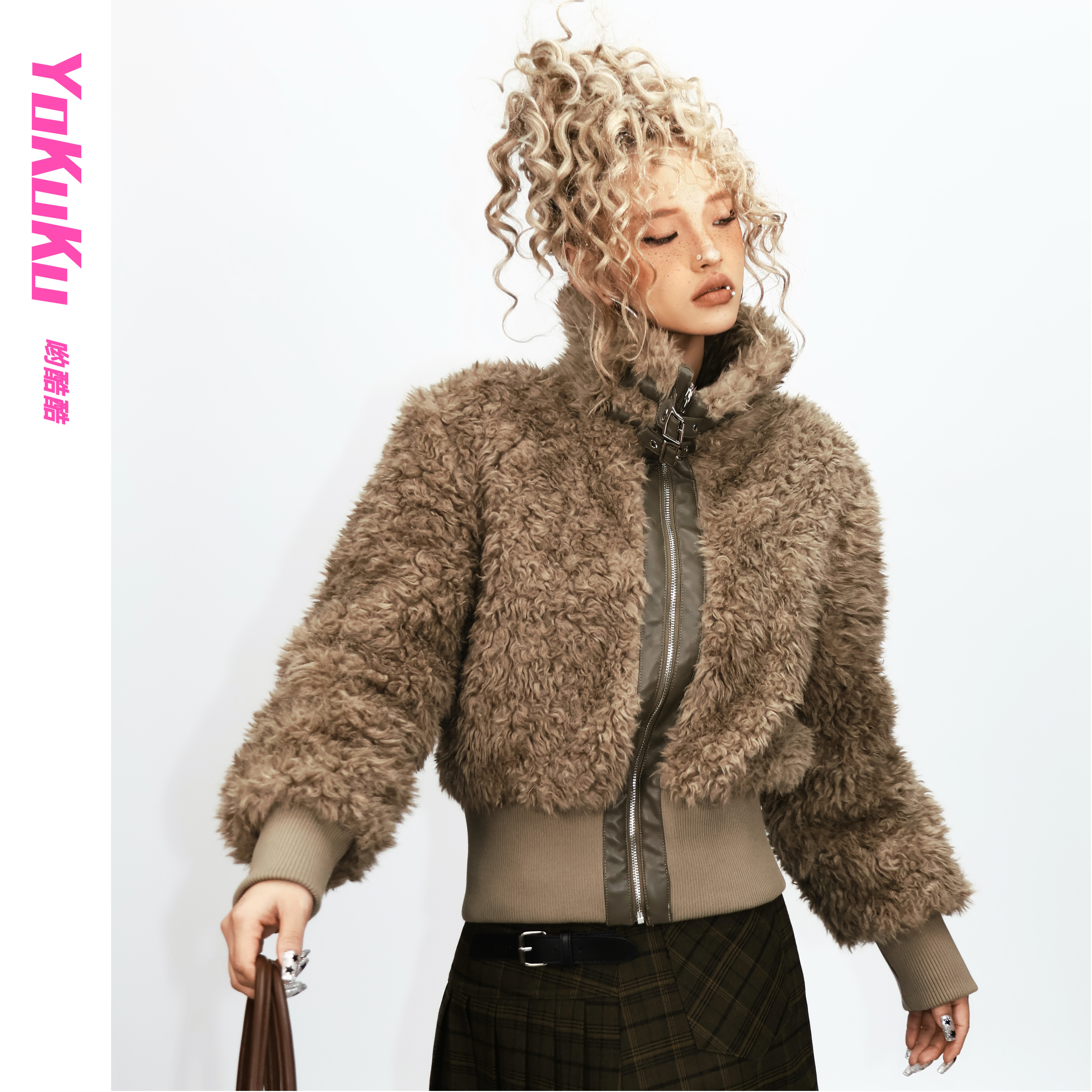 哟酷酷（野生珍妮）秋冬潮酷立体拼皮扣设计慵懒御寒保暖棉服外套