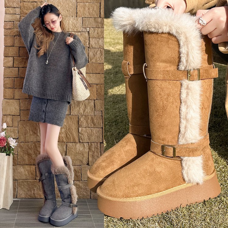 套筒加绒长筒冬季保暖女靴时尚雪地靴增高厚底