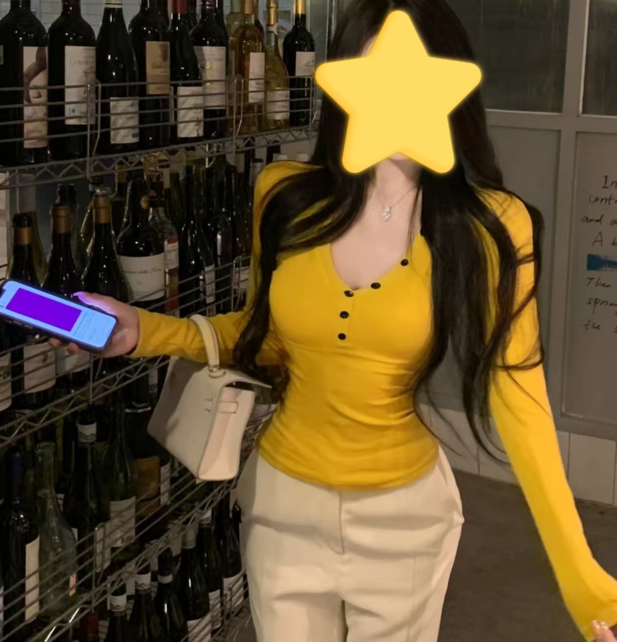 文文优选纽扣吸汗长袖纯欲风修身型V领T恤性感小众时尚不规则大码