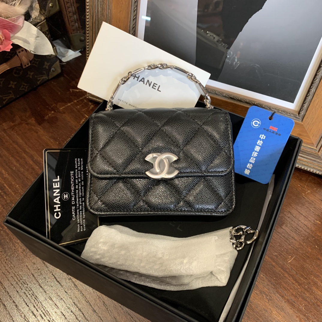 99新 Chanel/香奈儿 22s珐琅手柄mini 黑银小废包 卡32开/sp22710