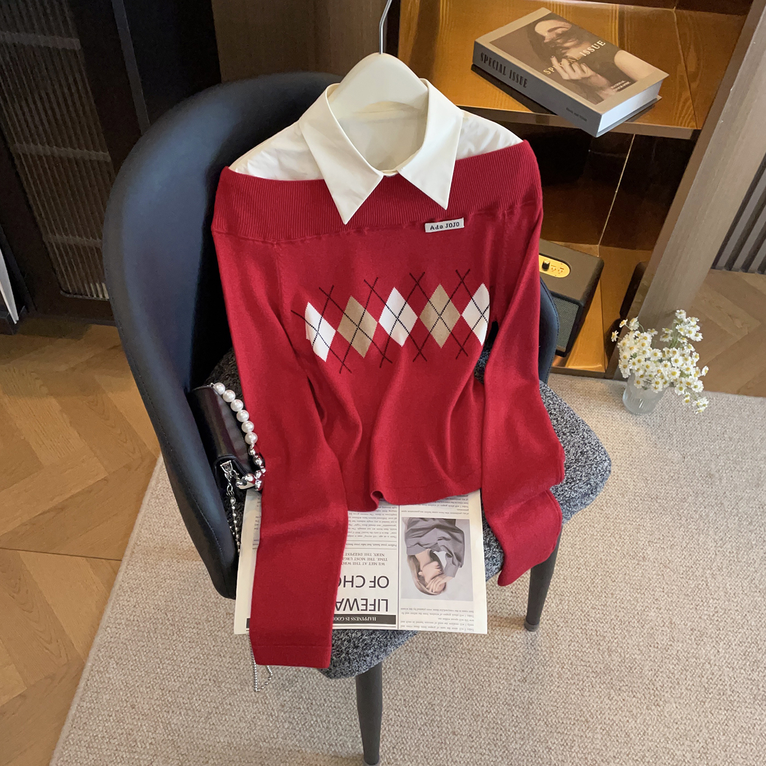 2026新款高级感毛衣拼接菱格内搭打底针织衫DY9829