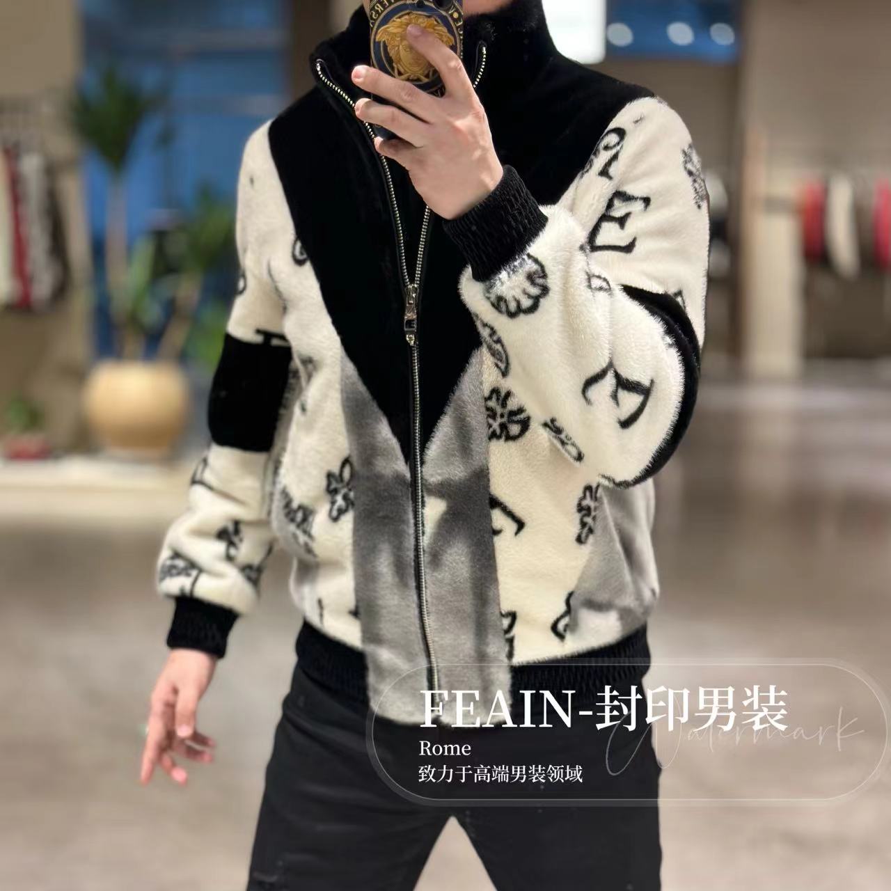 高端定制男士立体拼接立领拉链毛绒夹克外套6221