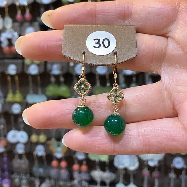 蛇纹石玉耳环银S925镶嵌