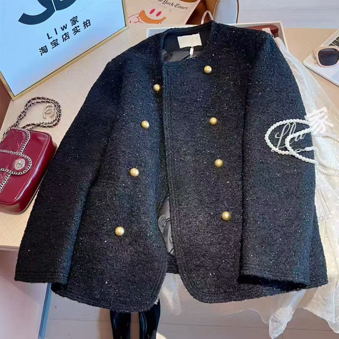 大码冬季新款加棉亮丝黑金小香风短外套