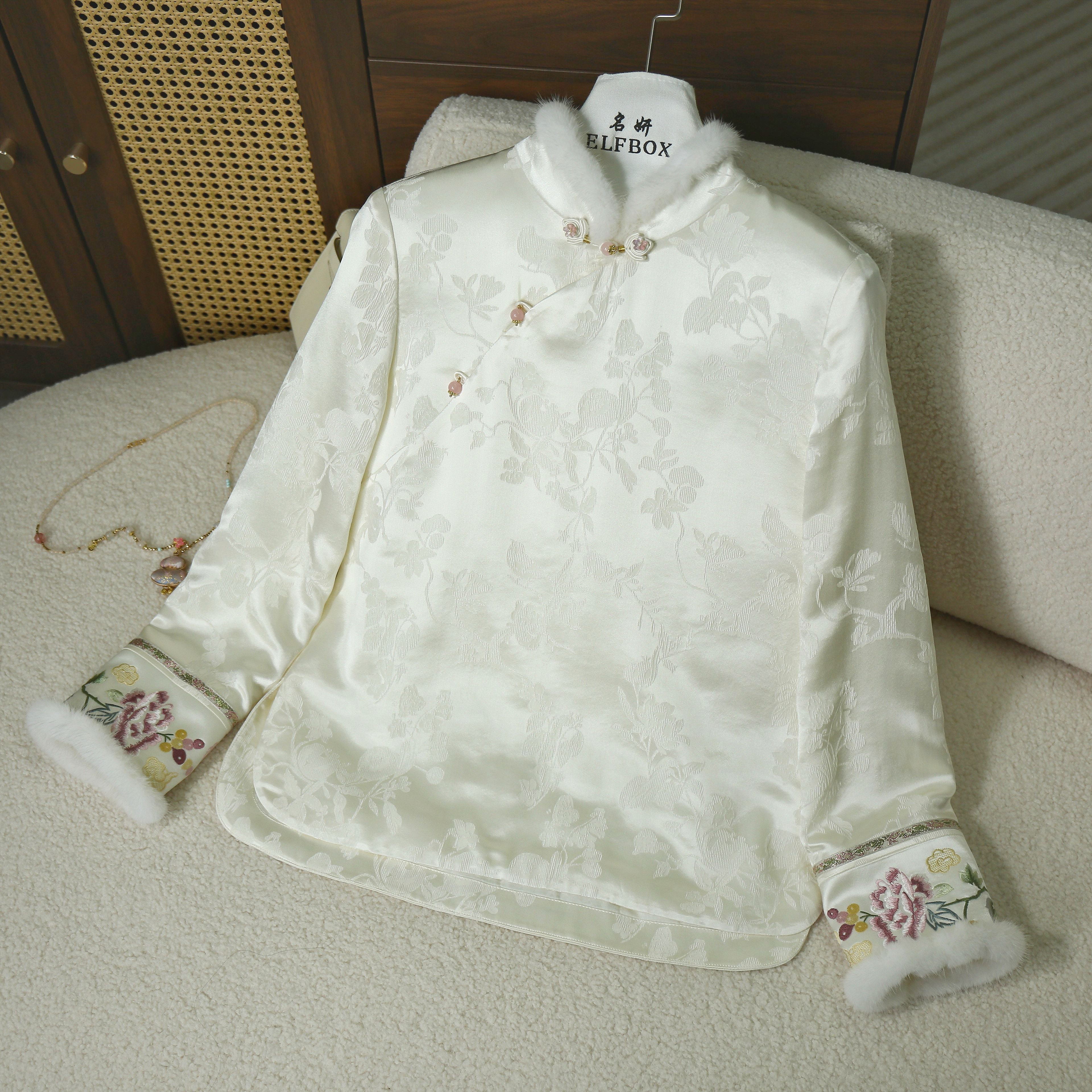 《国色天香》2025新款桑蚕丝冠乐绉手推绣加棉中式气质衬衣6688