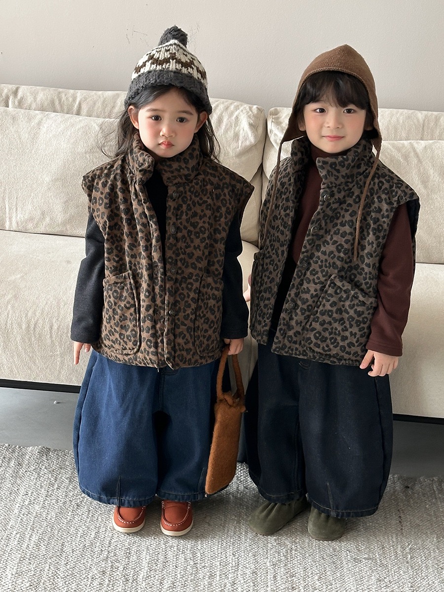 儿童马甲2025冬季新品韩版男女童夹棉加厚洋气豹纹马甲背心jy2507