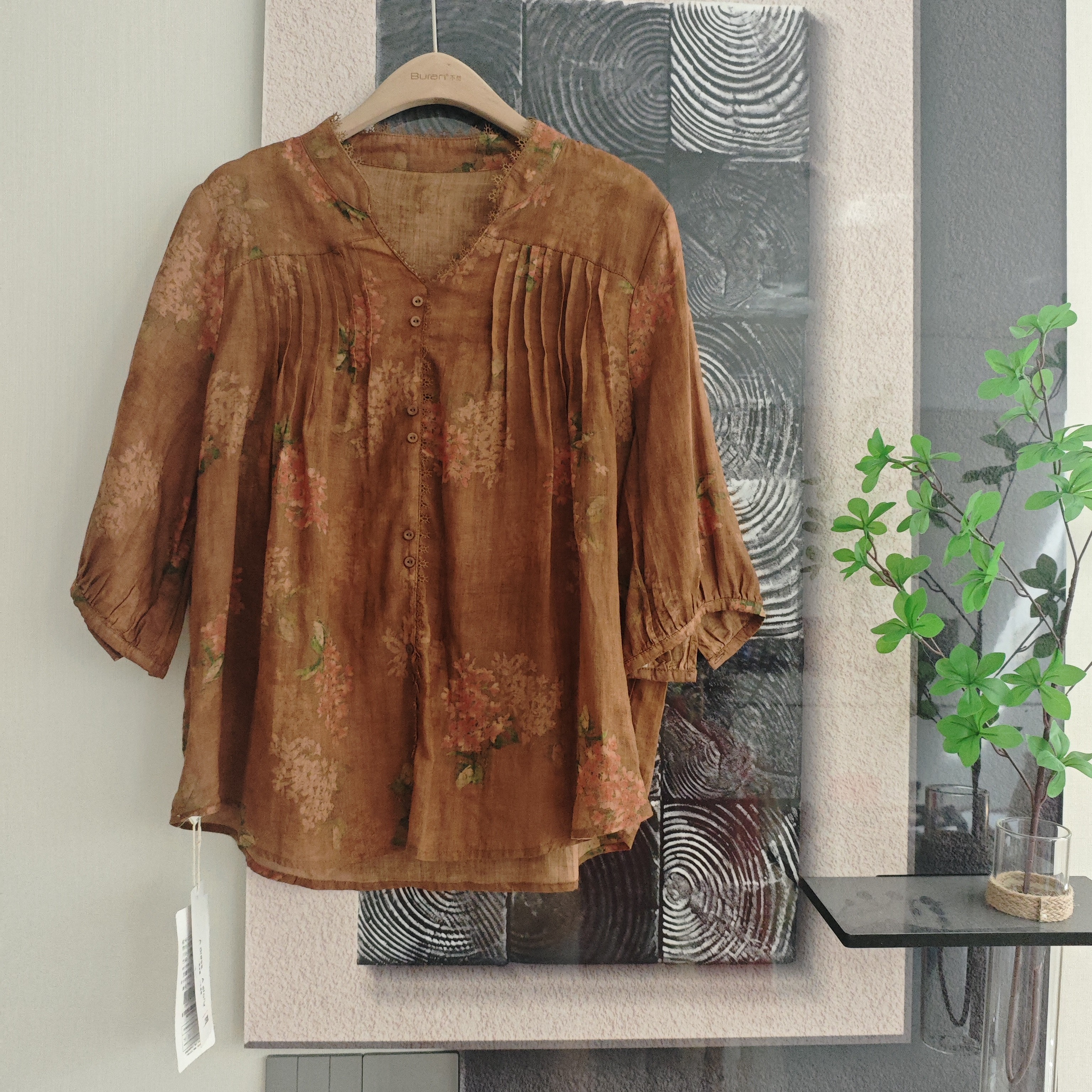 2308文艺夏季印花七分袖宽松显瘦薄款女士衬衫