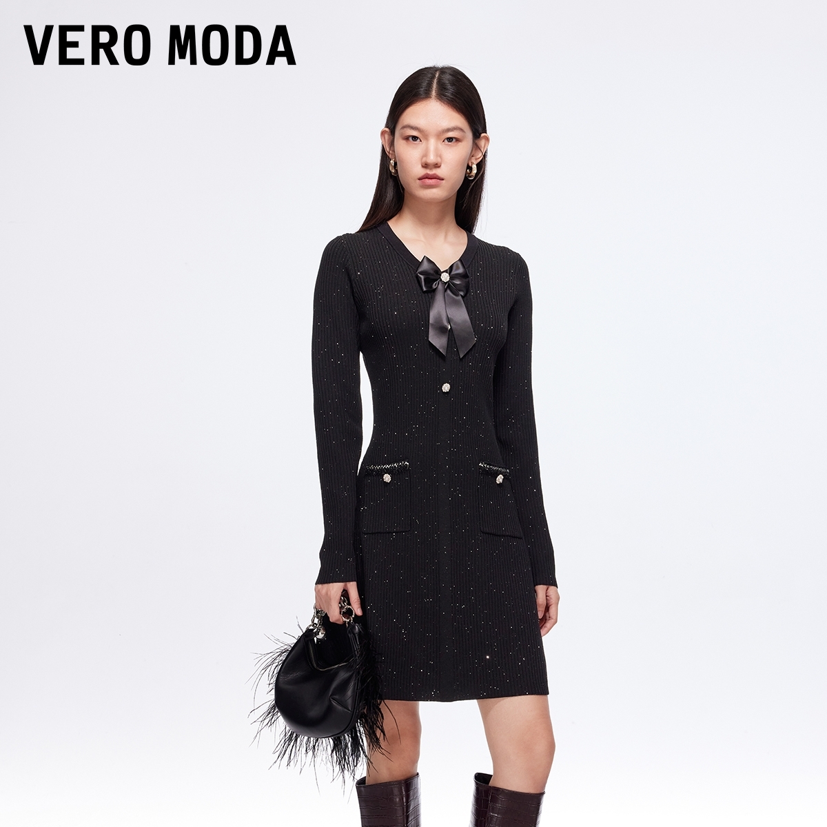 Vero Moda连衣裙2025秋冬新款可拆卸蝴蝶结小香风短裙百搭流光风