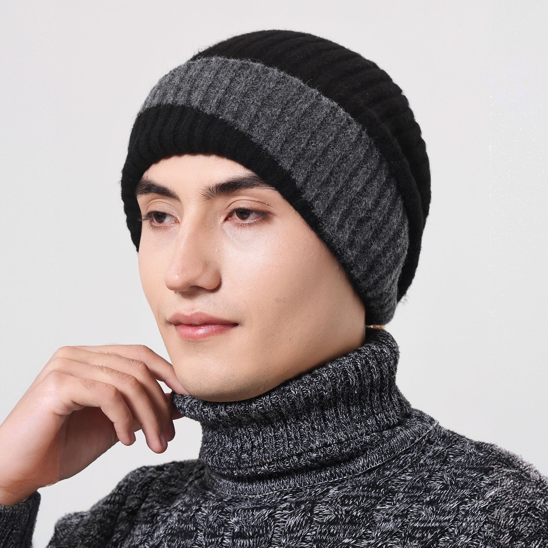 毛线帽针织帽秋冬加绒护耳帽男女同款保暖加厚 YM拼色