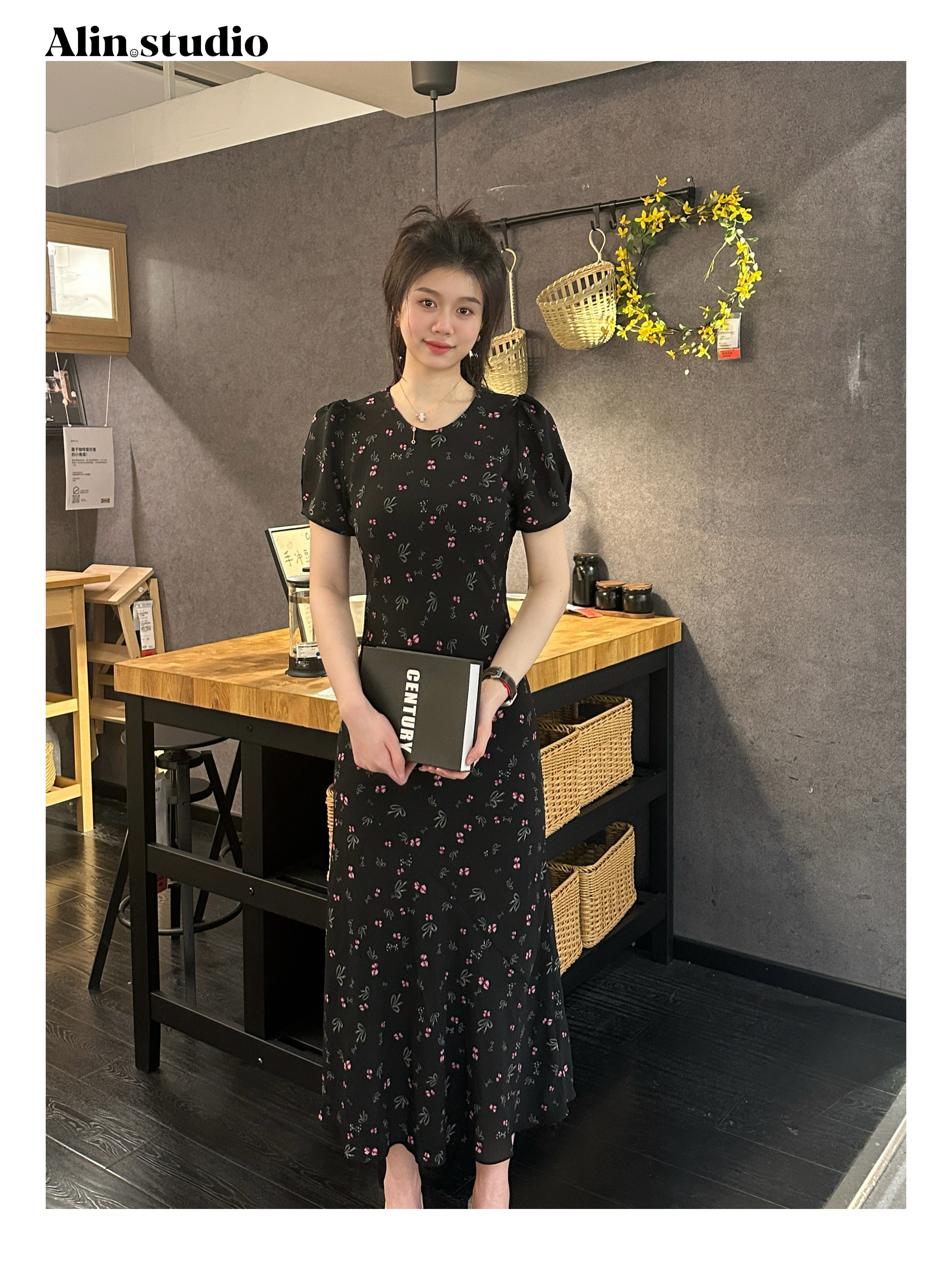 【蝴蝶结】（有纽扣）优雅斜裁油画花卉连衣裙收腰显瘦法式复古碎花裙