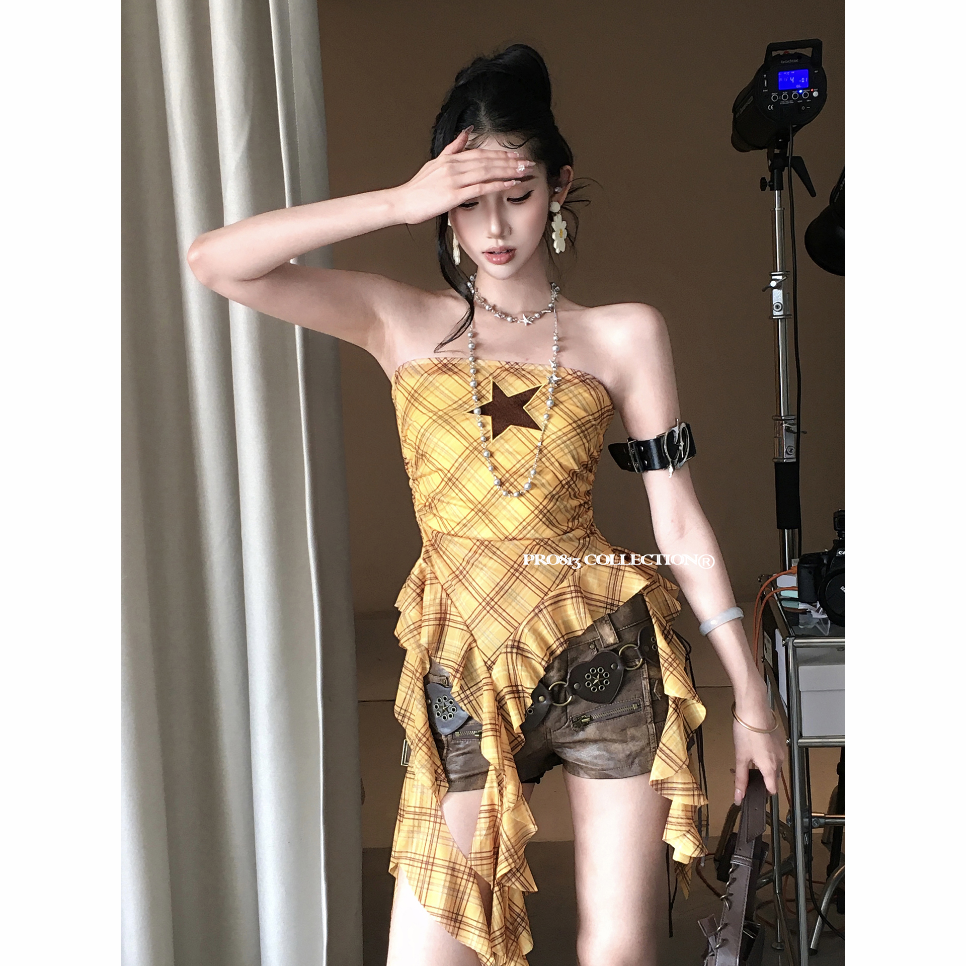 PRO813 辣妹y2k星星格子不规则抹胸背心女修身显瘦短款上衣