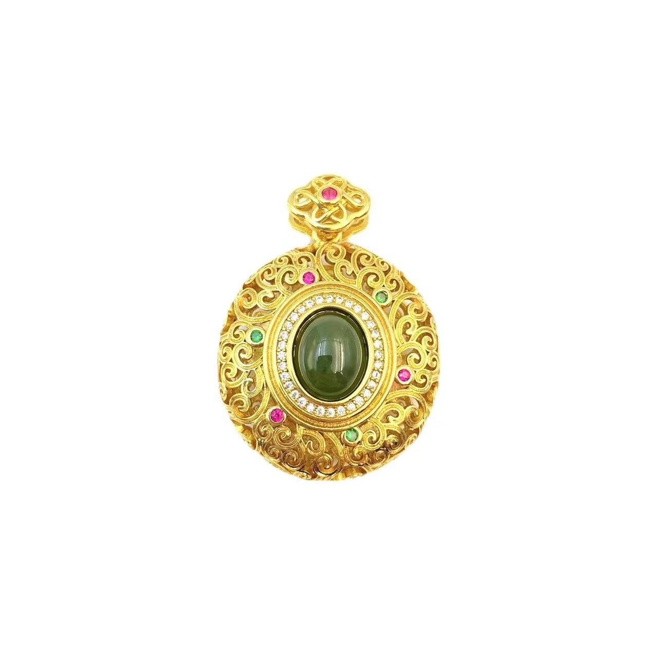 和田玉镂空绿蛋面香囊吊坠Y1273X合金