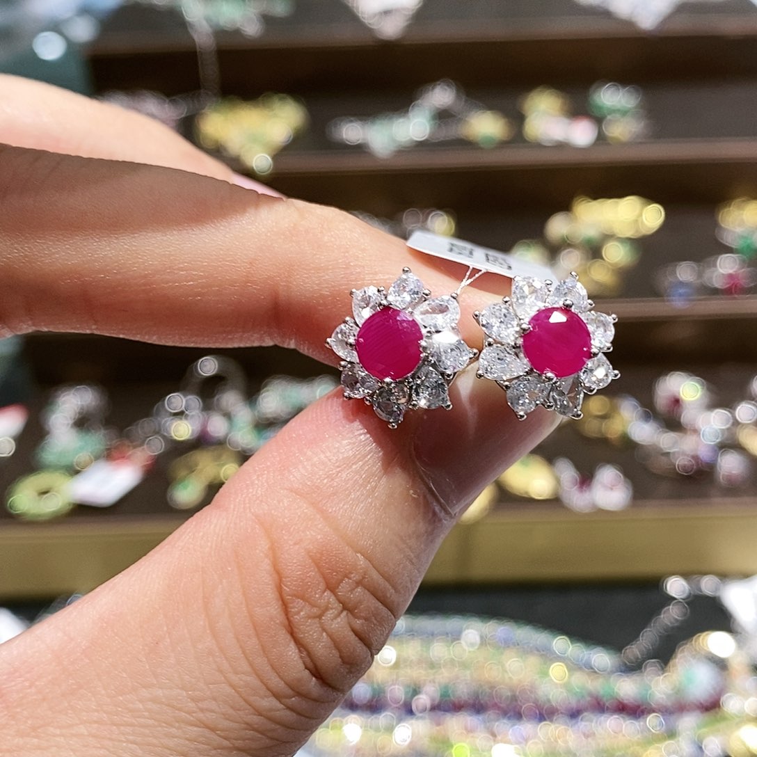 红宝石耳饰银S925镶嵌