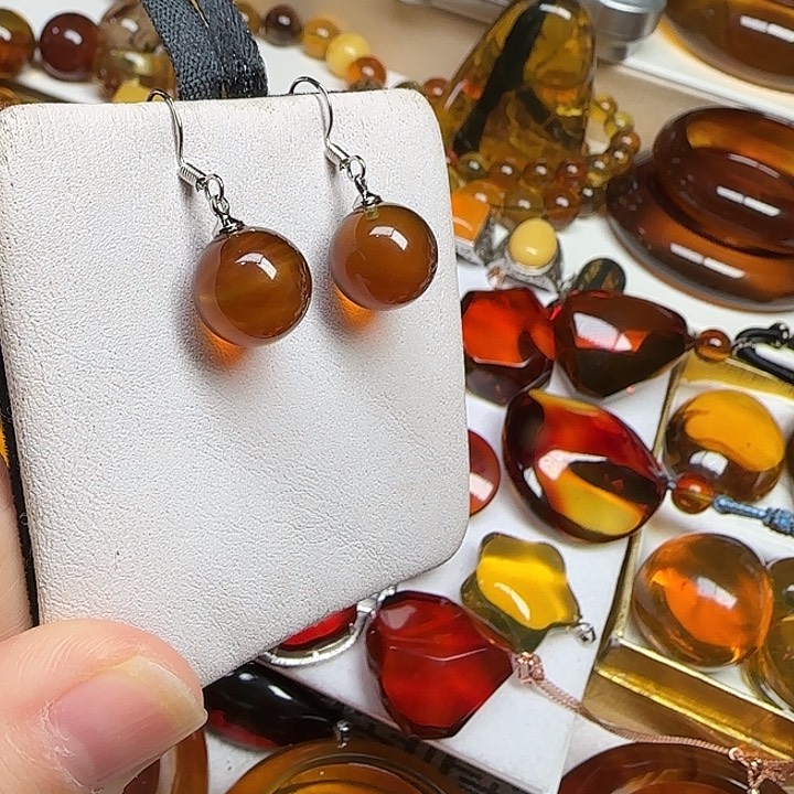 琥珀未镶嵌耳饰天然缅甸琥珀圆珠耳坠13+