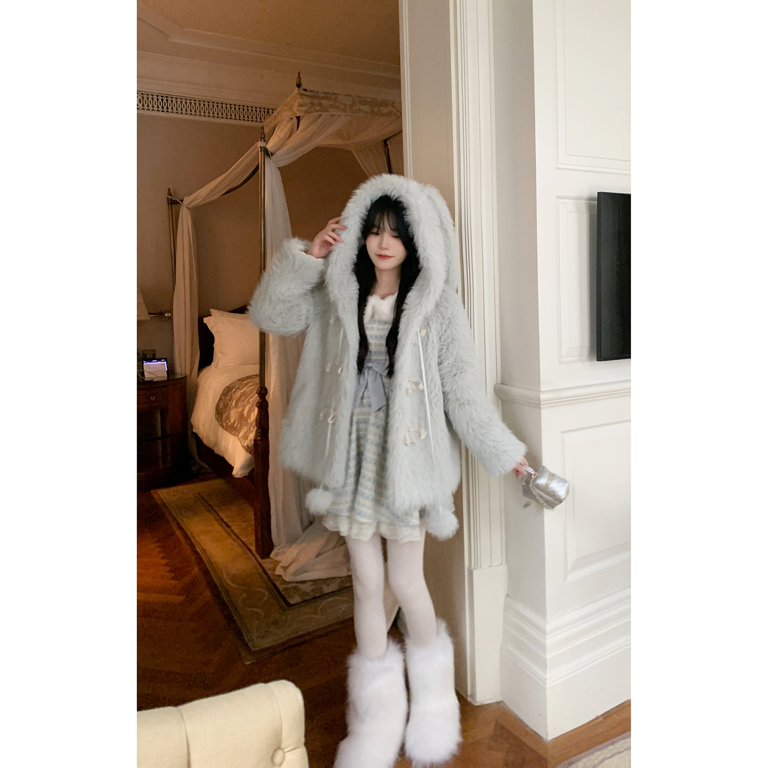 萌兔星球 环保皮草兔耳朵毛绒连帽外套女大衣冬