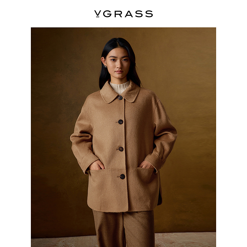 VGRASS水波纹工艺毛呢外套冬新款骆驼绒翻领6分长大衣VSD2P4947B
