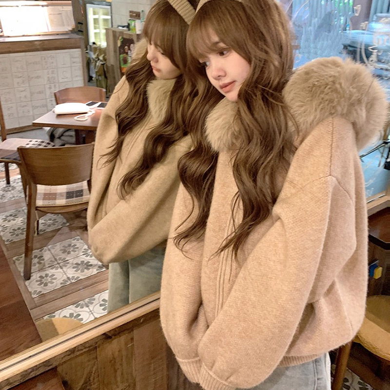 韩系高级感大毛领连帽针织开衫毛衣女秋冬宽松外传慵懒风外套上衣