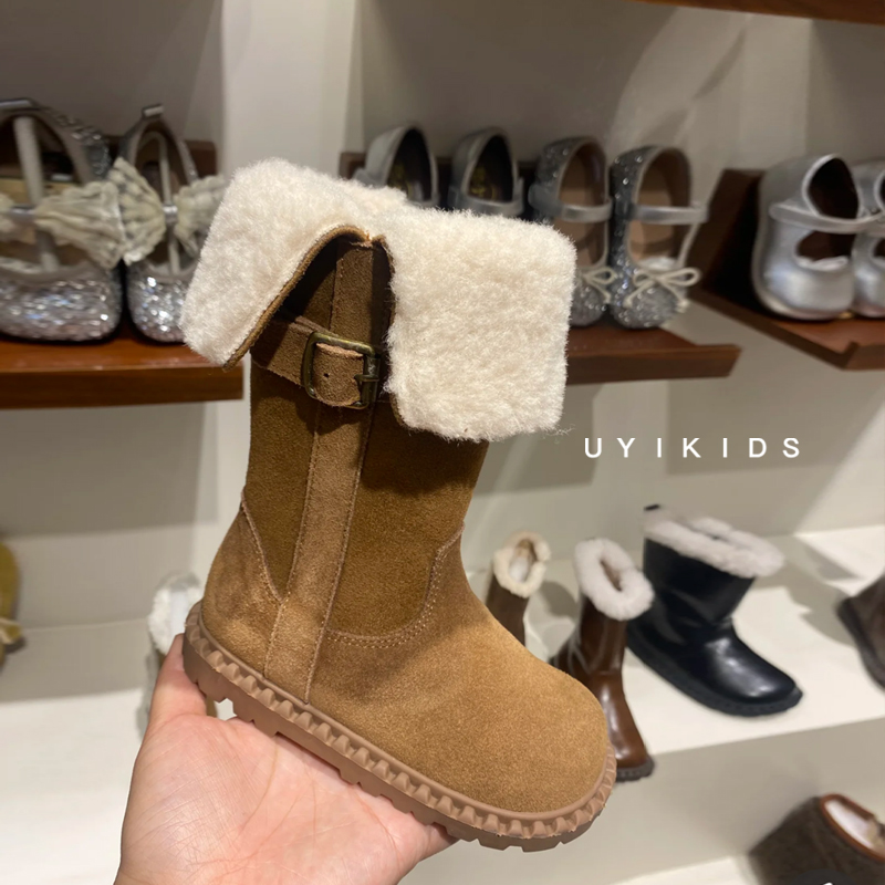 真皮女童棉靴2025新款冬季软底防滑中筒靴大棉加绒女孩百搭公主鞋