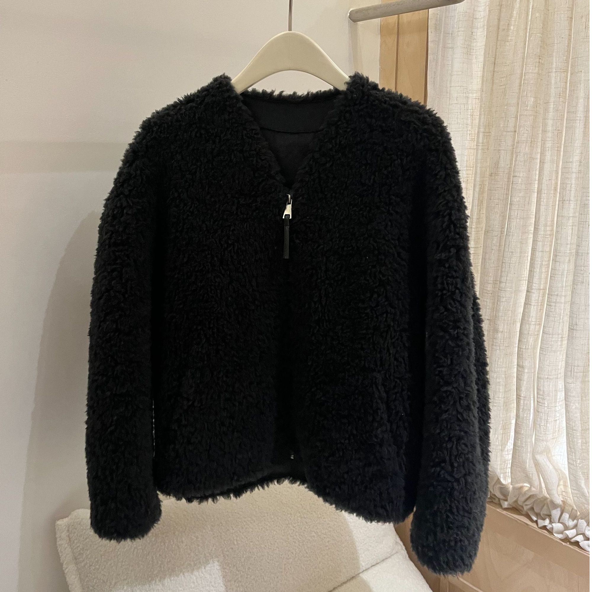 贝姐同款【100棉羊毛外套】冬季无领拉链毛毛外套 