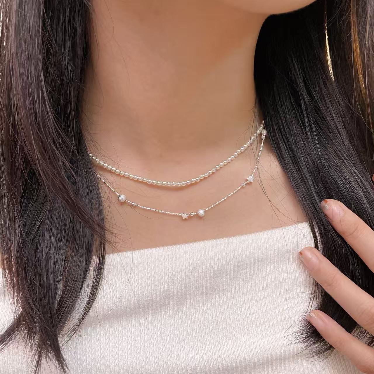 合金仿珍珠项链 baby珠满天星银正圆无暇极光可调节百搭素款
