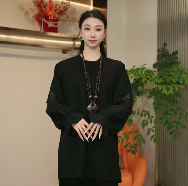 033/气质小衫宽松长袖薄款圆领衬衫民族风拼接四季通用