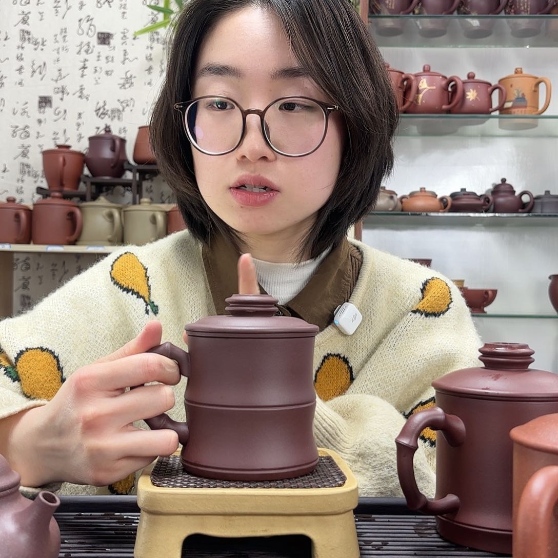 紫砂茶杯宜兴紫砂无礼盒竹段三件套整口微瑕