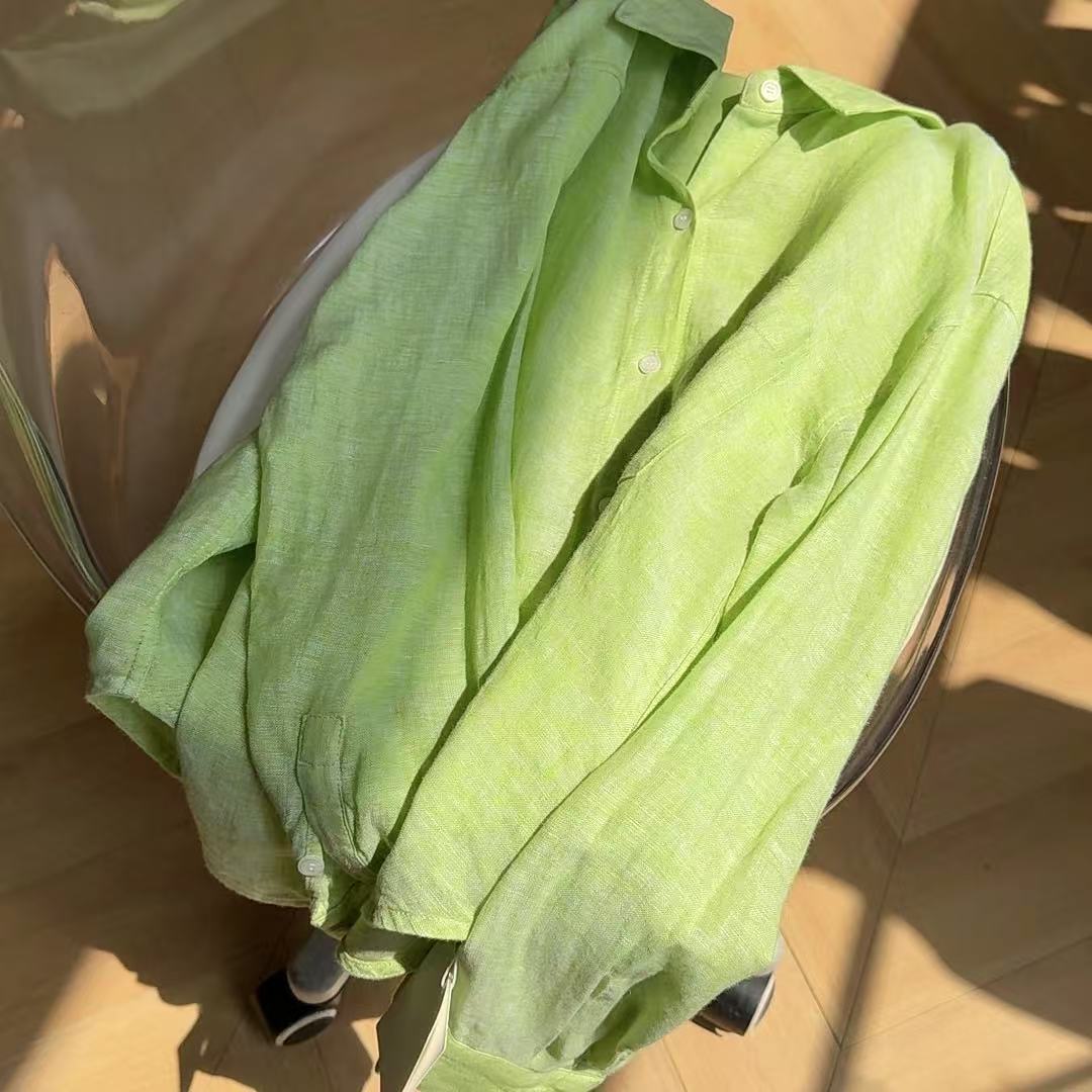 "草绿色" 100亚麻衬衫 色织亚麻工艺 春天的一抹绿色 百搭 W-031