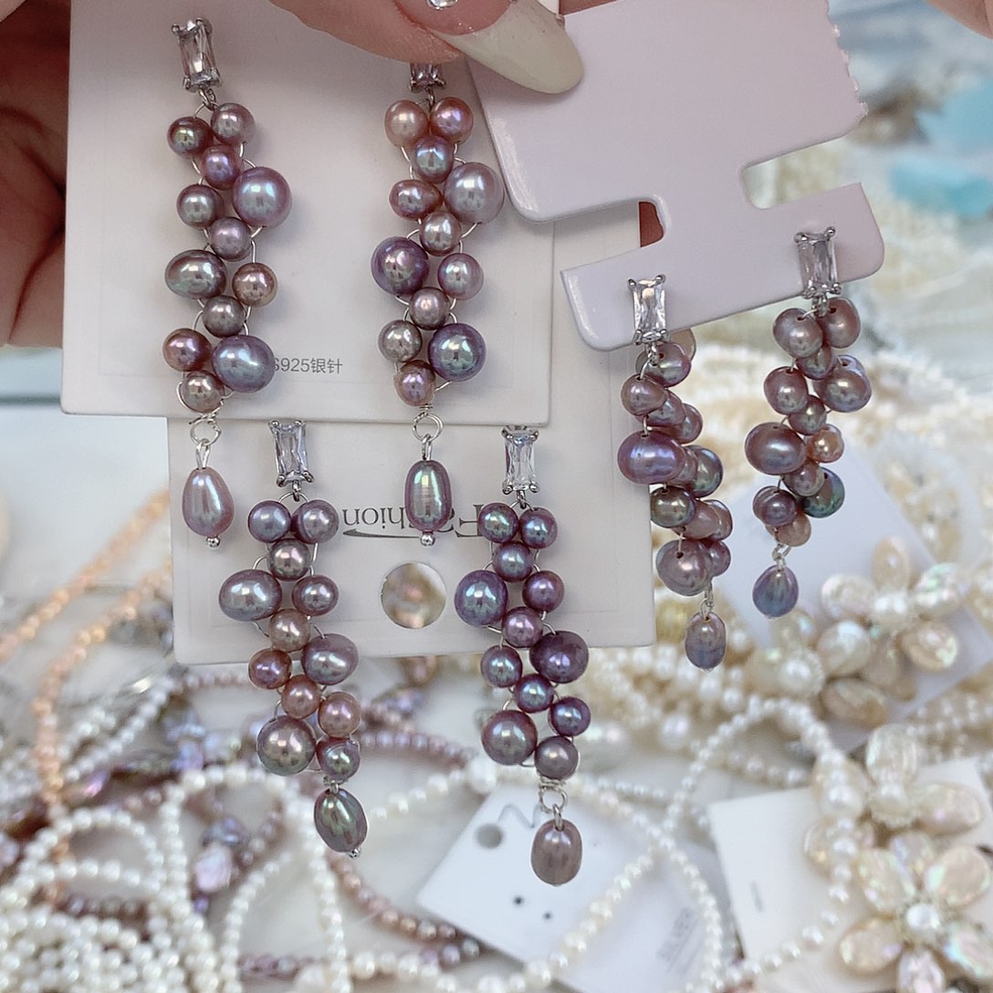 银S925镶嵌耳饰淡水珍珠紫色辫