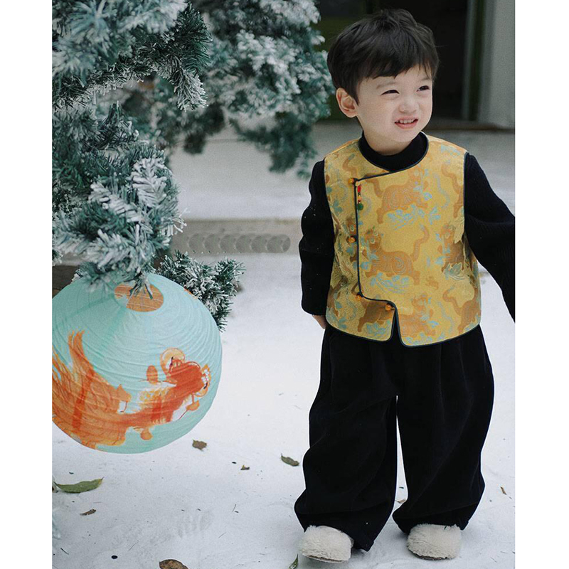周岁礼服男宝新中式唐装马甲冬季男童国风提花夹棉坎肩背心拜年服