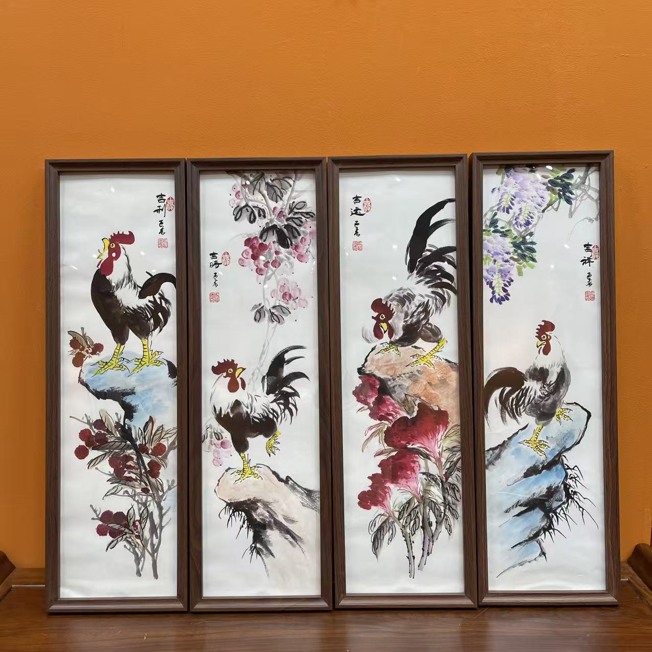 马迎春《公鸡四条屏》带框 国墨堂