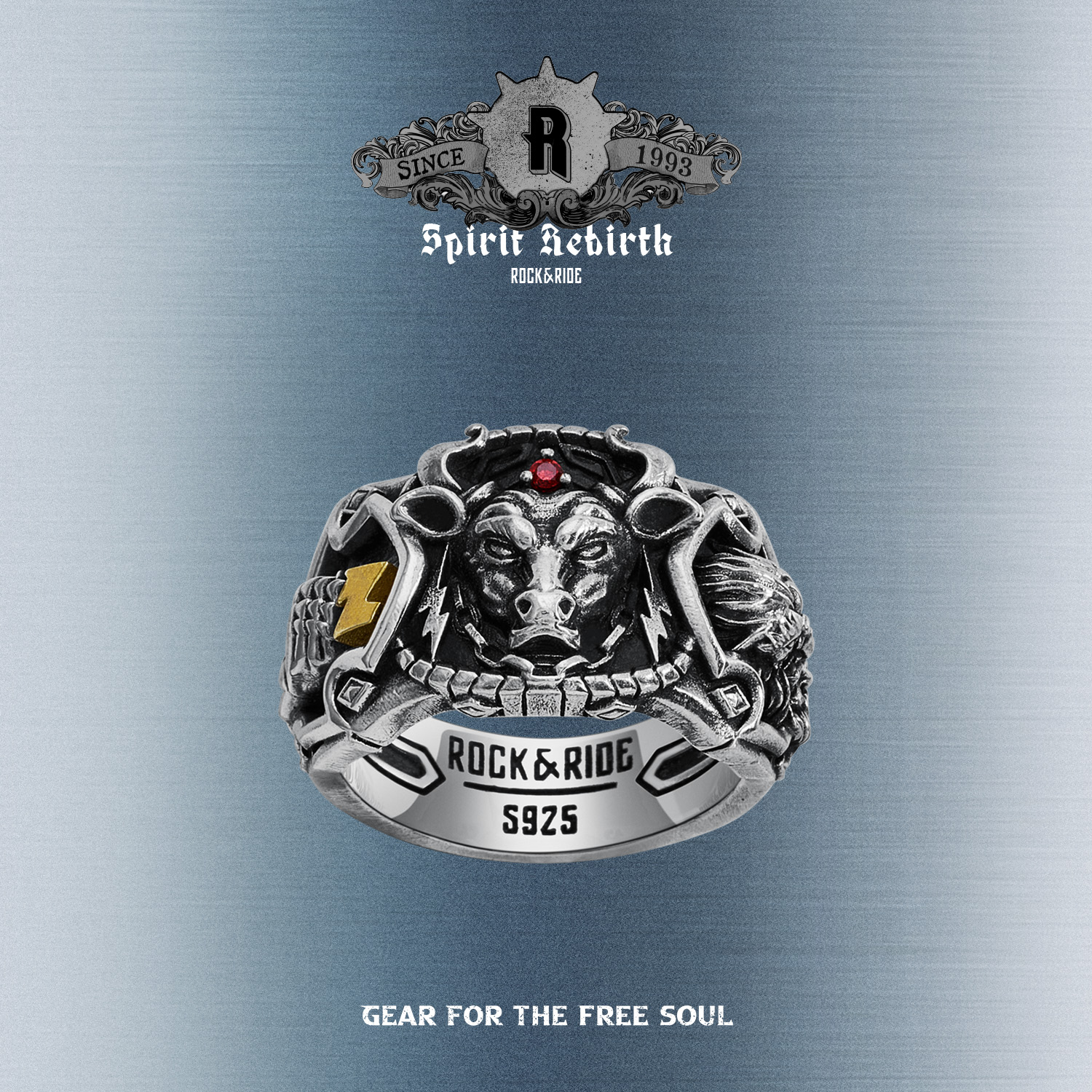 ROCK&RIDE 925银合成锆石戒指 重生系列电驭神牛戒指男送礼设计感