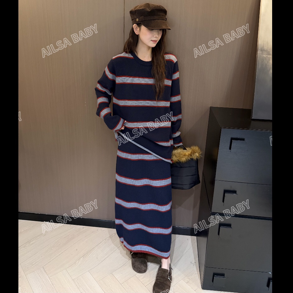 【AILSA BABY】欧货高级感撞色条纹毛衣+半身裙套装/112734A