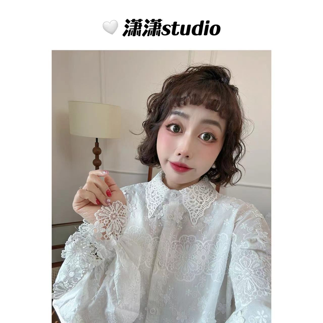 【白山茶】潇潇自制超美钩花领口立体雕花面料韩系百搭衬衣XS2321