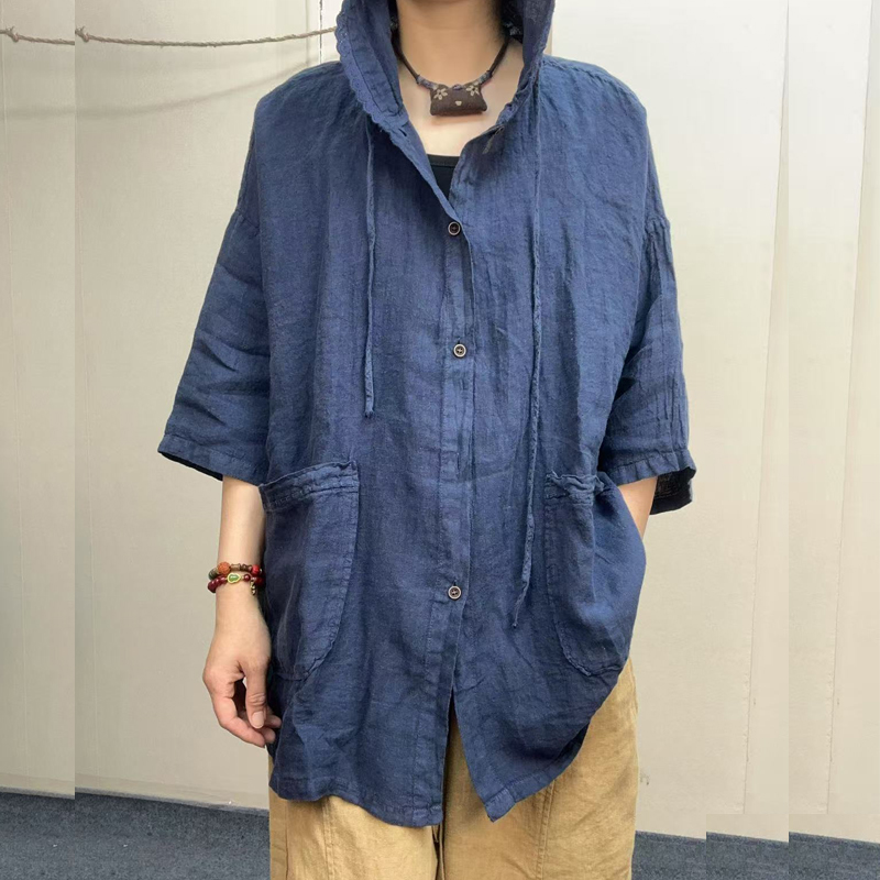 连帽短袖2025夏季衬衫纽扣棉麻开衫纯色排扣衬衣休闲百搭上衣