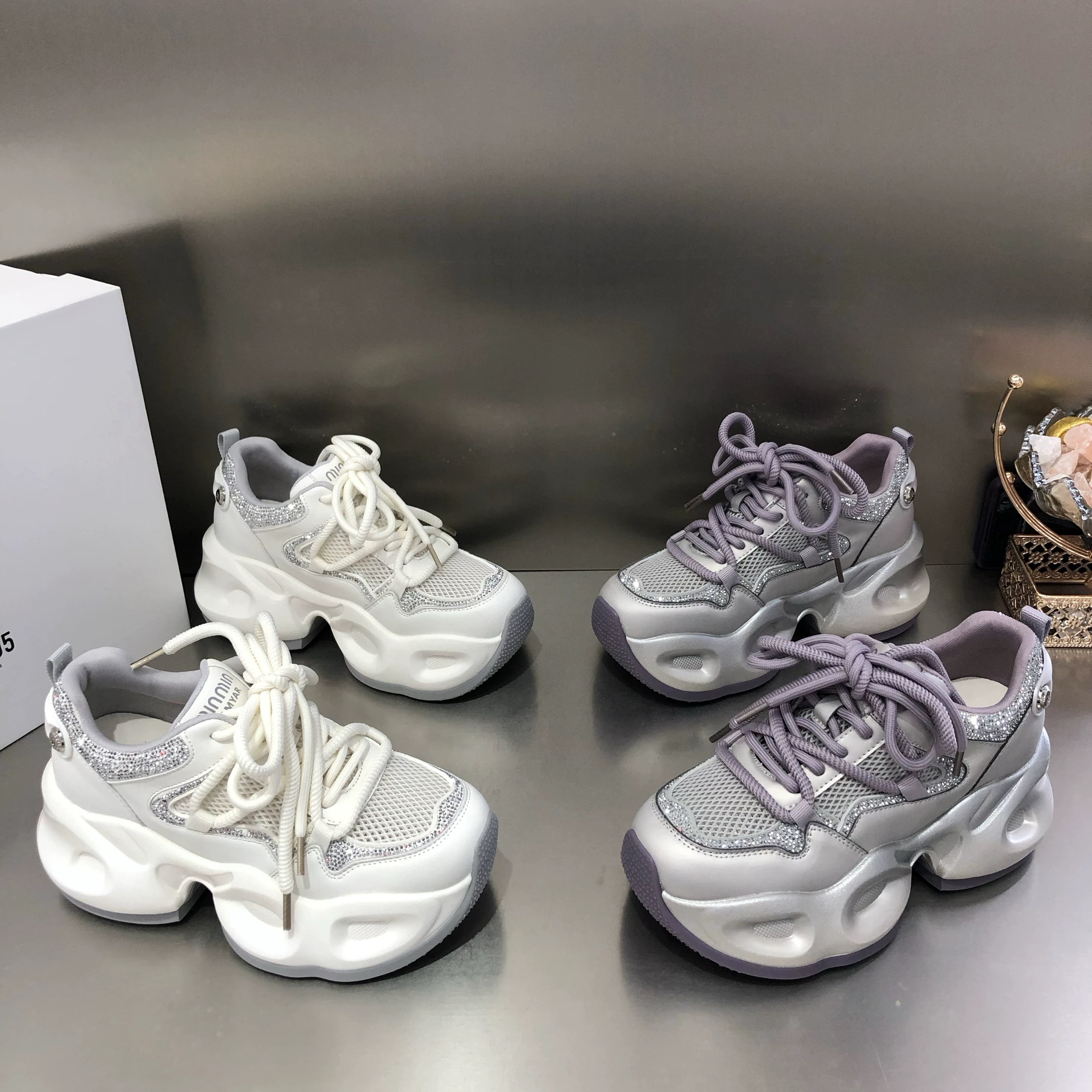 夏季真皮网面吸膜防滑高弹满钻老爹鞋