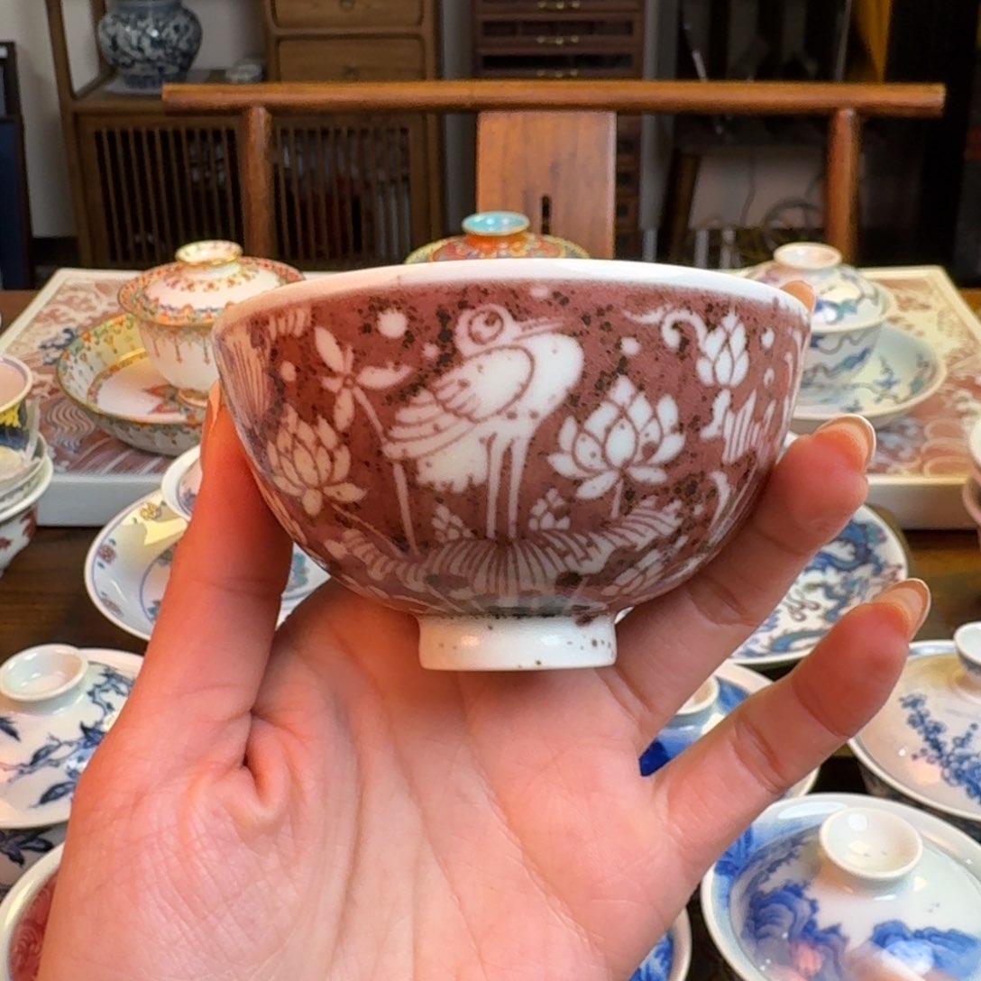 杯重工撒红釉里红一鹭连升杯纯手绘