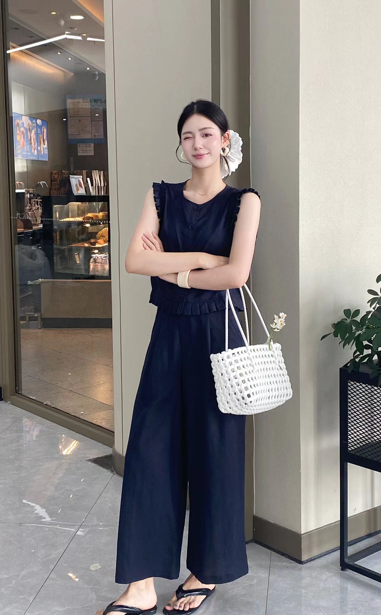 王姐专属-2025夏季新品木耳边无袖上衣阔腿裤套装【卓-25129】