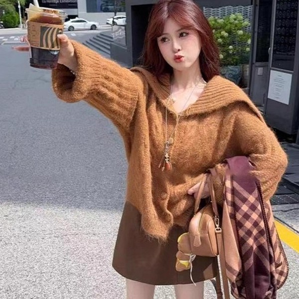 巨好看的韩系早秋穿搭法式翻领毛衣女秋冬慵懒风针织衫上衣
