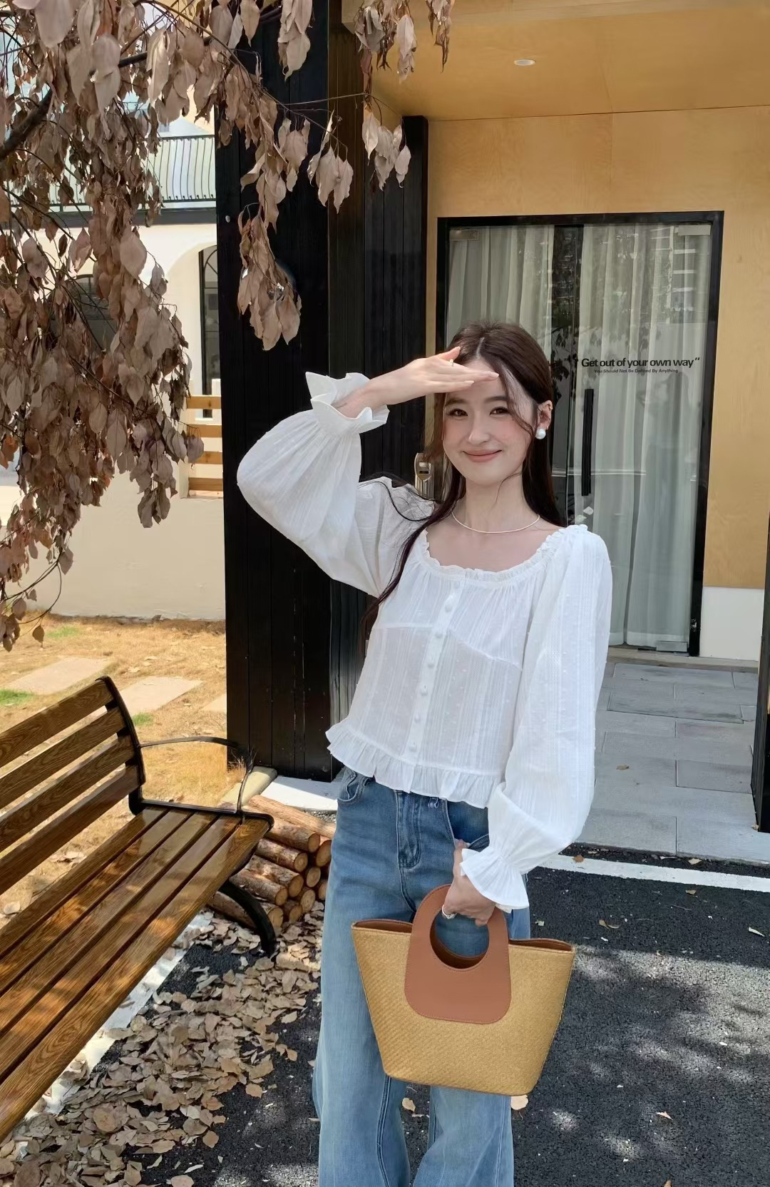 2025上新～法式甜美田园风方圆领花边长袖衬衫+藏青色奶奶裤搭配